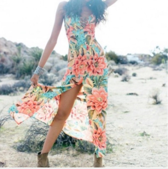 Show me your mumu pebble leyton Floral Maxi Dress coral  Green sundress Large - Picture 6 of 11